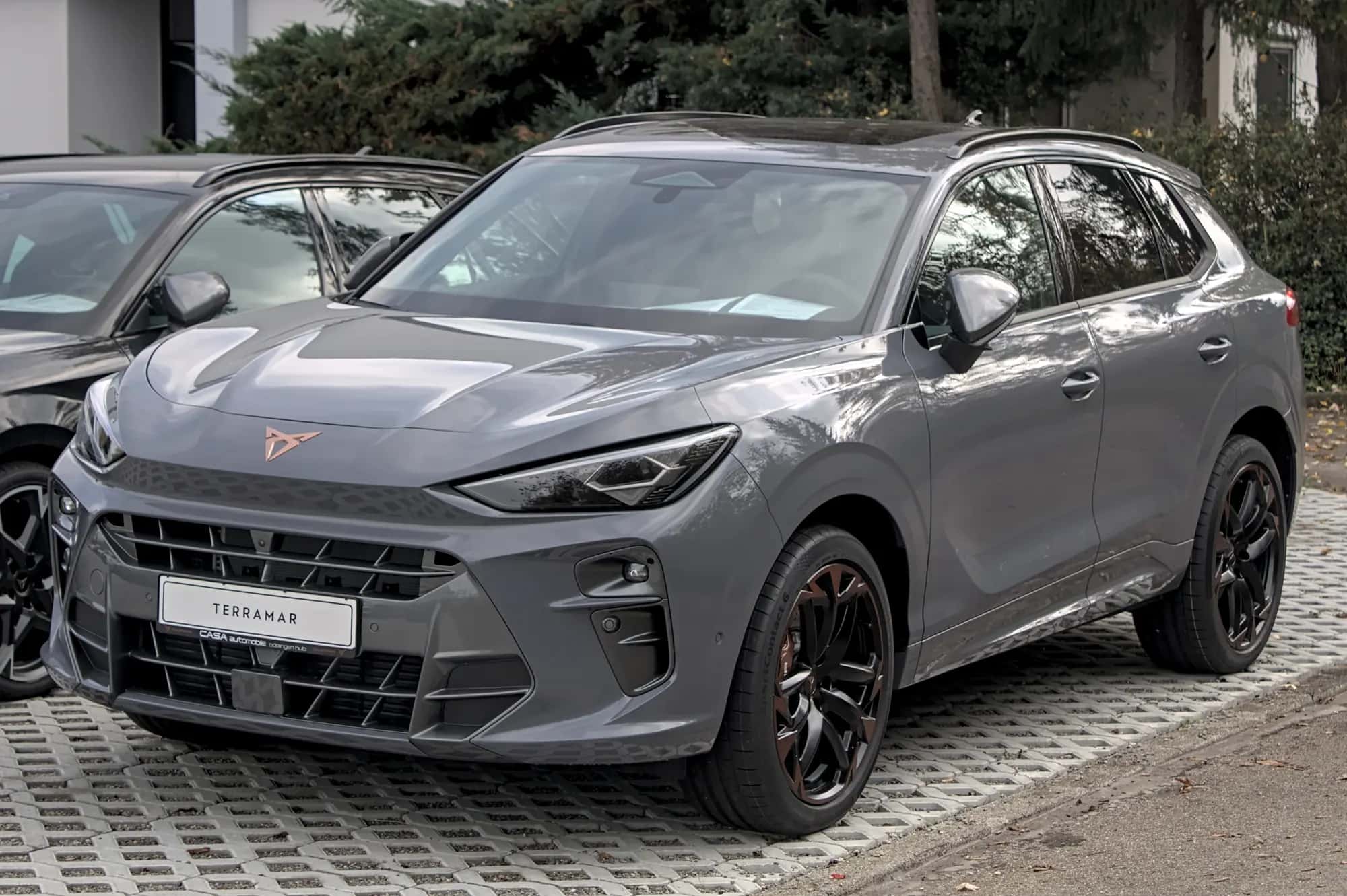 Le Cupra Terramar gris vu de trois quarts avant, feux à LED et calandre sombre