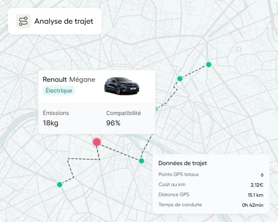 Analyse de trajet sur une carte : une Renault Mégane électrique, ses émissions, sa compatibilité et le détail des points GPS du trajet.