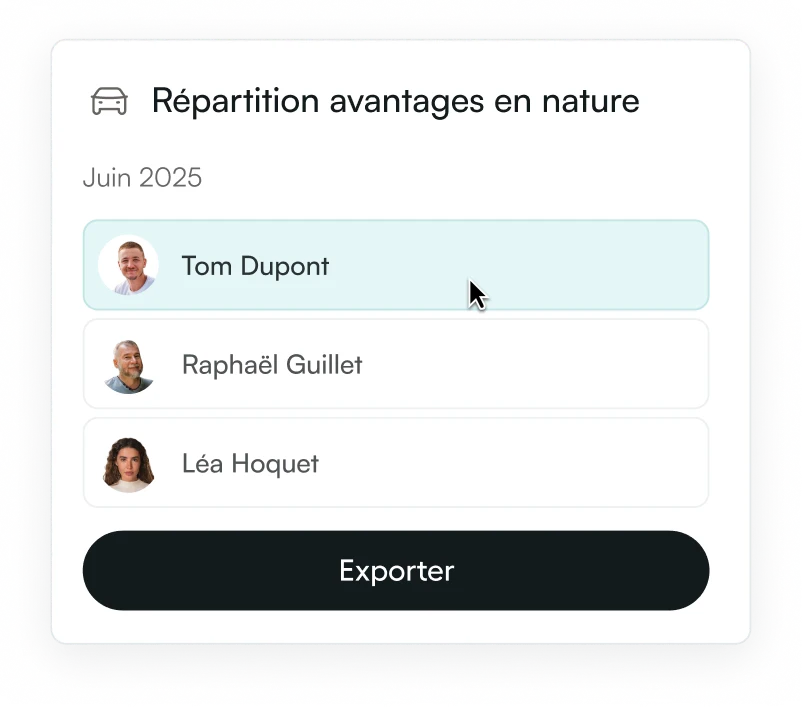 Répartition des avantages en nature par conducteur, prête à exporter pour la paie.