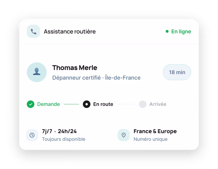Écran de l'assistance routière, disponible 7 j/7 et 24 h/24 en France et en Europe