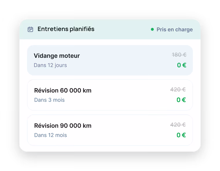 Écran des entretiens planifiés d'un véhicule, révisions prises en charge