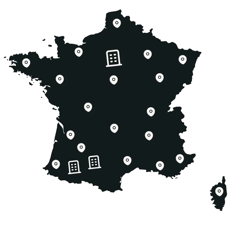 Carte de France piquetée des villes où Evera accompagne ses clients, de Toulouse à Paris