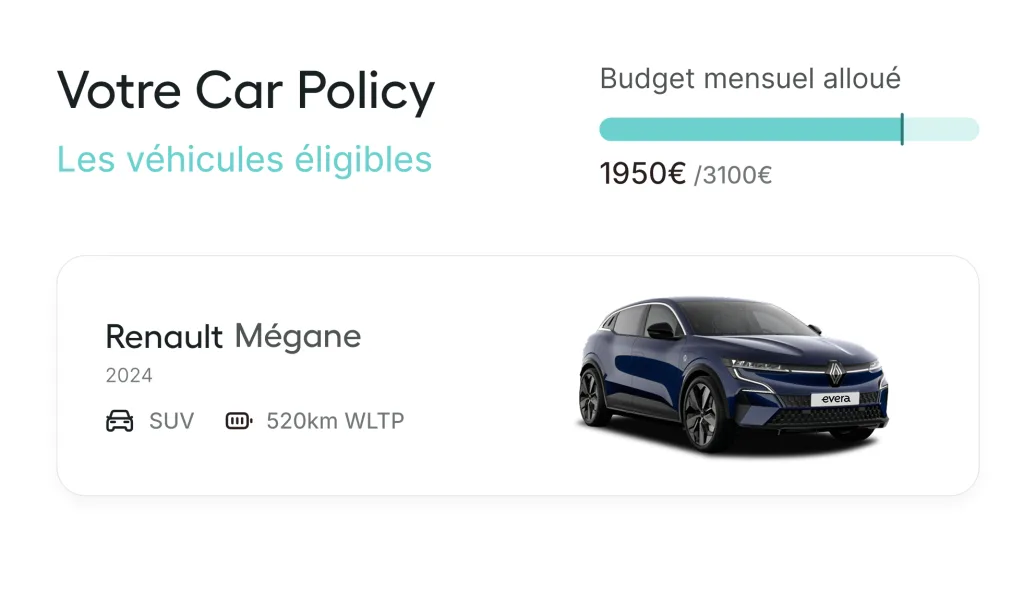 Aperçu d'une car policy : budget mensuel alloué et véhicules éligibles au niveau du collaborateur